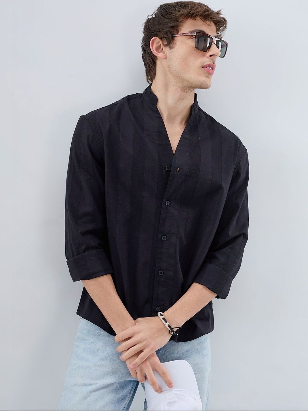 VASTRADO Black Panel Textured Stand Collar Oversized Shirt