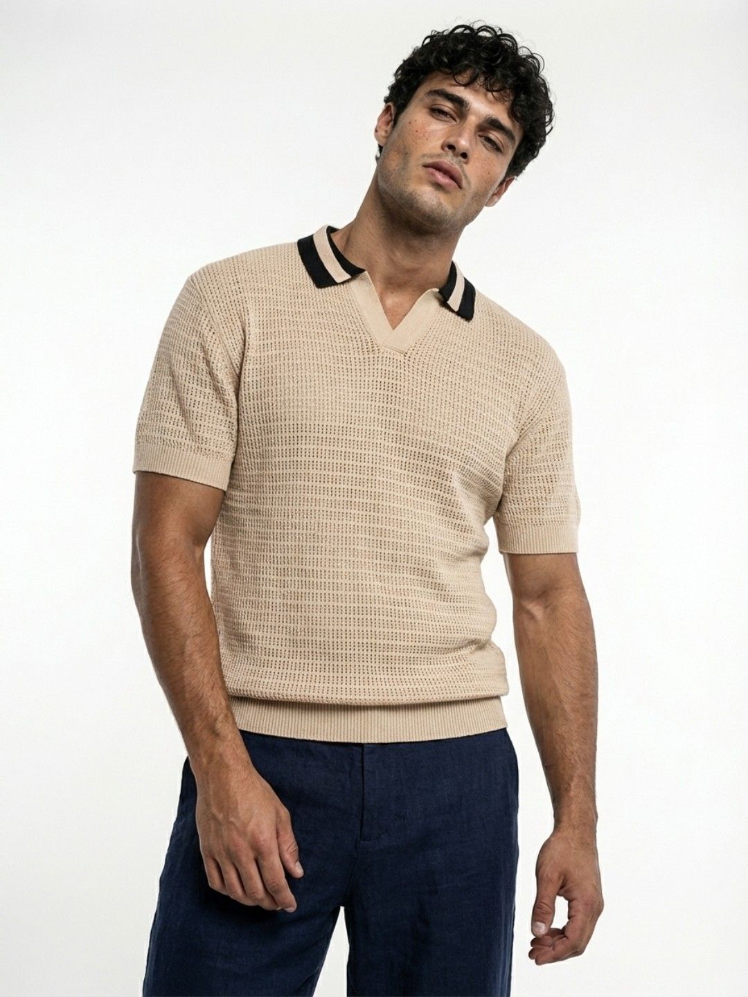 glitchez Polo Collar Knitted Pure Cotton Fine Knit Relaxed T-shirt
