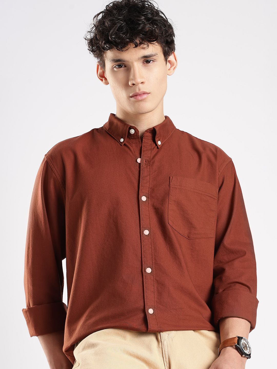 HERE&NOW Button-Down Collar Long Sleeves Oxford Cotton Shirt