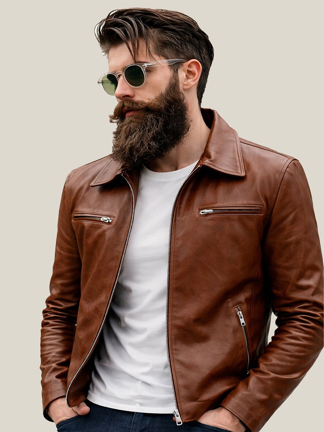 Leather Retail Men Spread Collar Lightweight Outdoor Leather Jacket