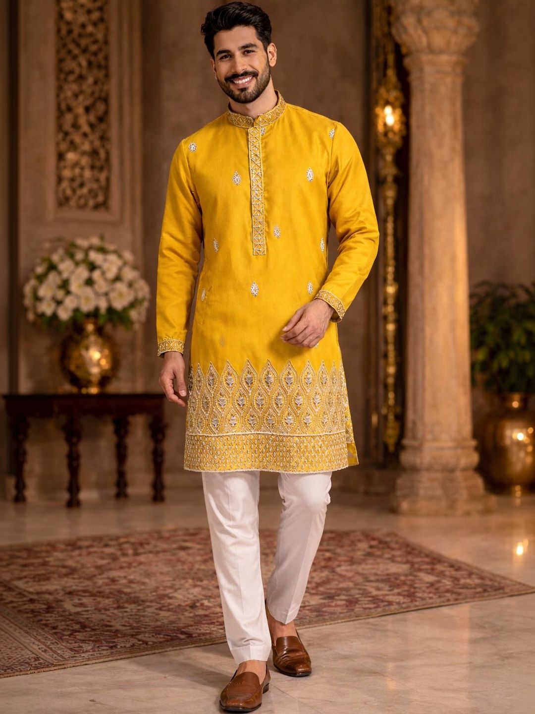 Men's Ethnic Border Kurta Set House of Pataudi Embroidered Mandarin Collar Kurta & Pyjamas