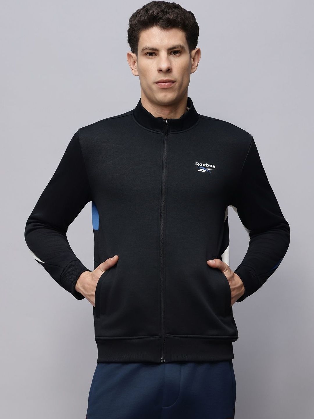 Reebok Colourblocked Cotton Mock Collar Open Front Jacket
