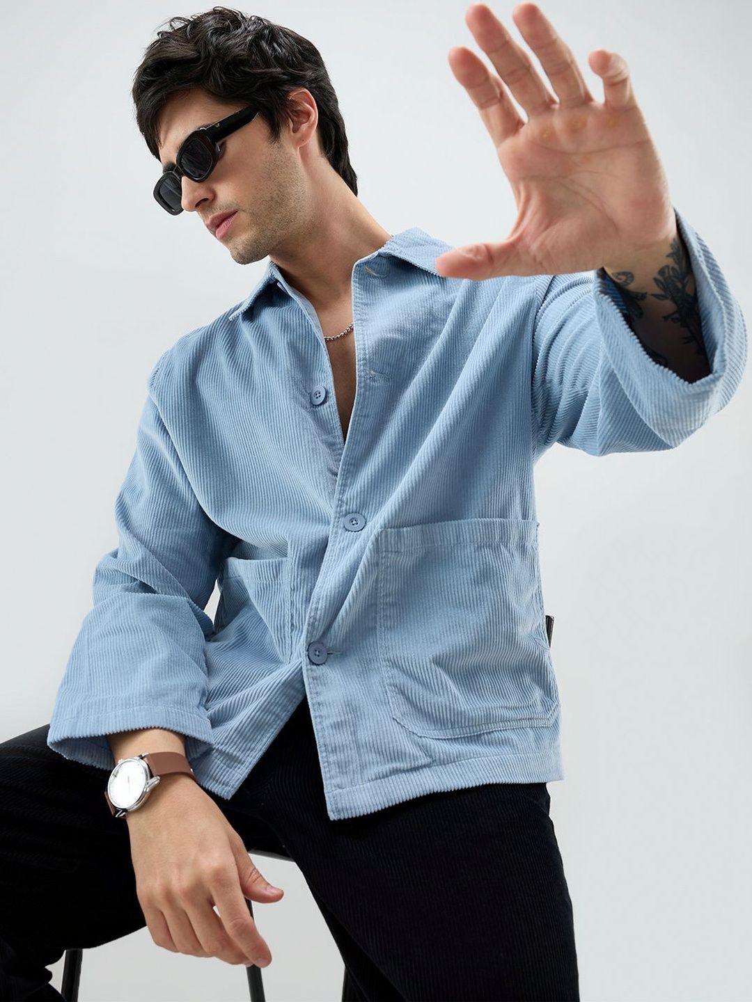 VASTRADO Exquisite Blue Corduroy Double Pocket Oversized Shacket Shirts