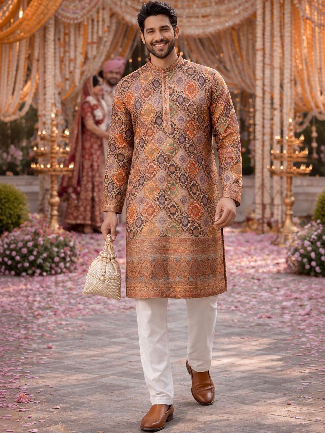 House of Pataudi Men Multicolor Brown Ethnic Printed Straight Kurtas