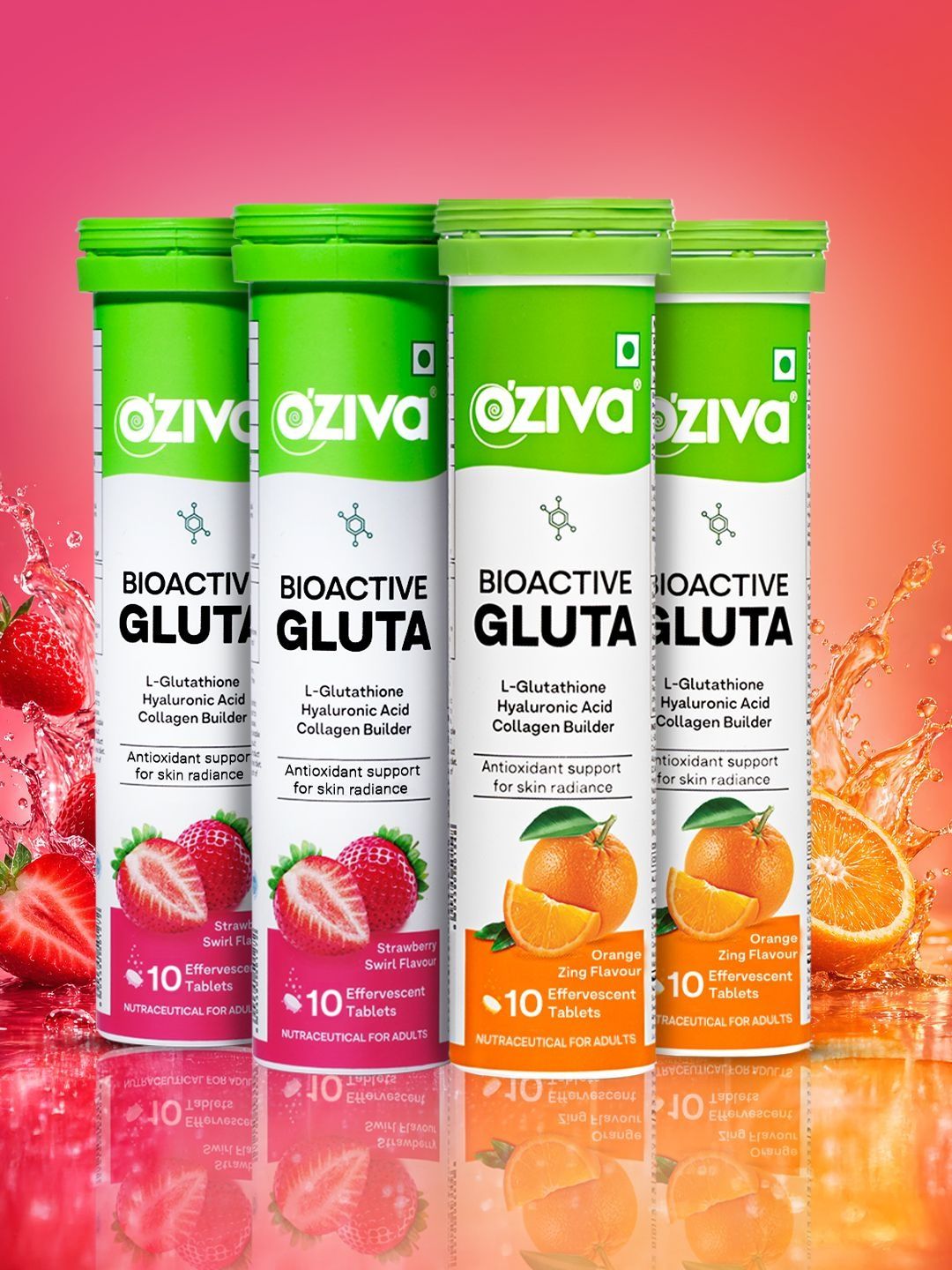OZiva Set Of 4 Bioactive Gluta- 15 Tablets Each- Strawberry & Orange