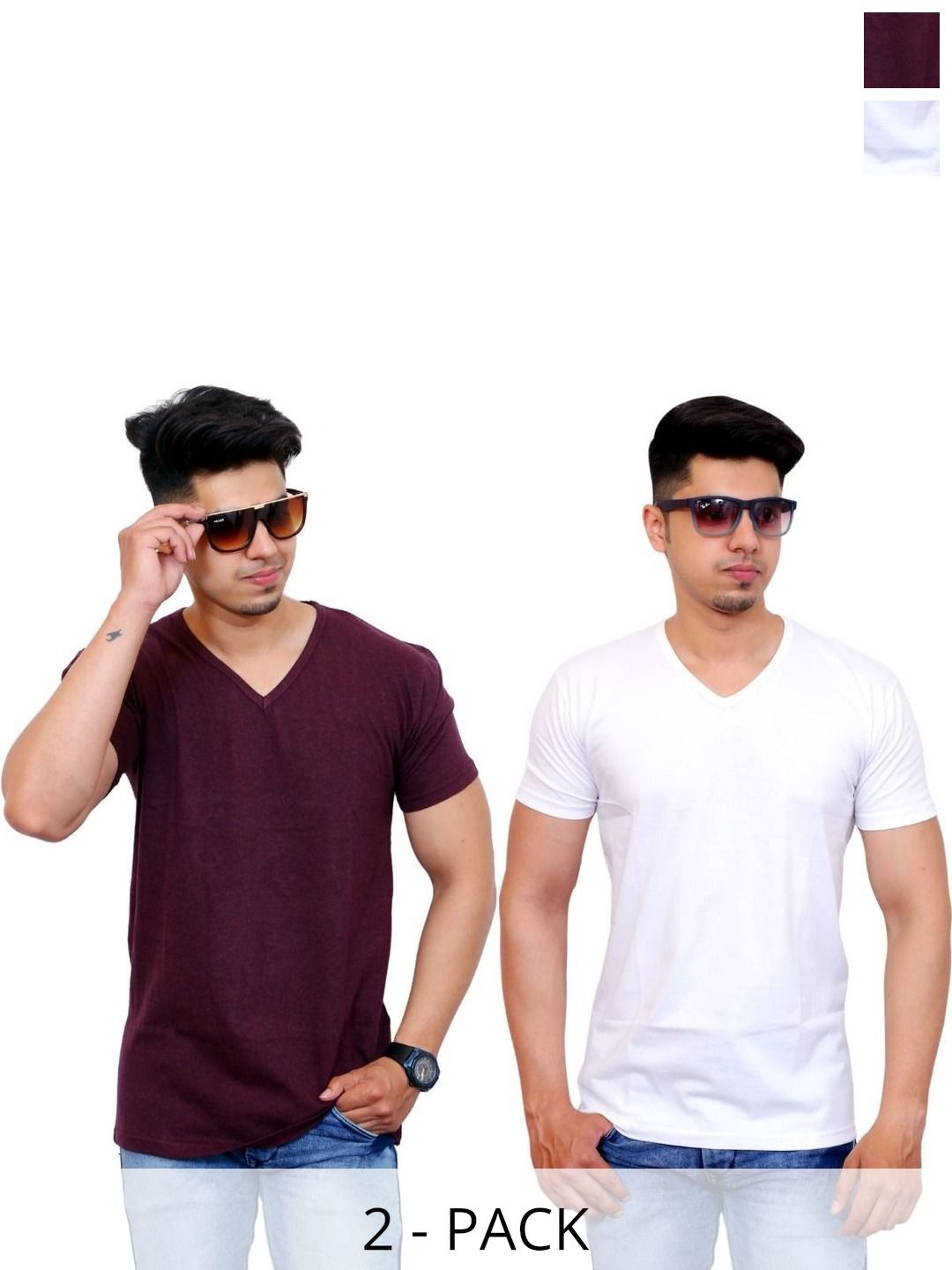 FARICON Pack Of 2 V-Neck Short Sleeves Cotton T-shirt