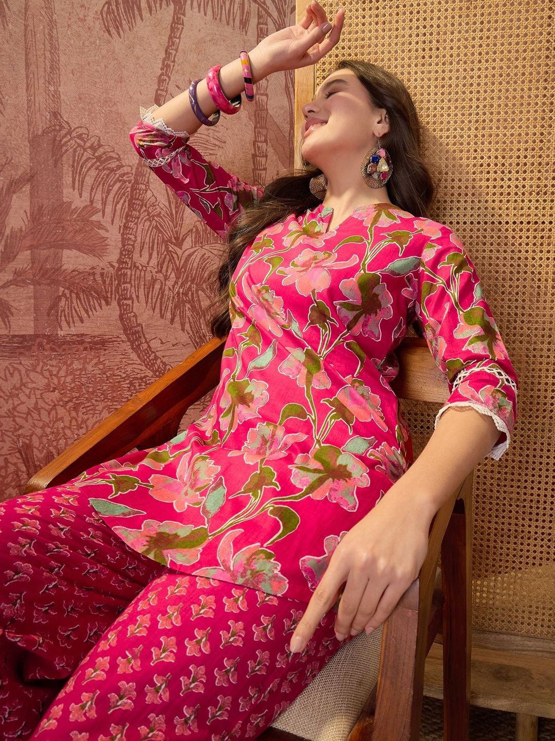 Sangria Floral Printed Cotton Top with Trousers