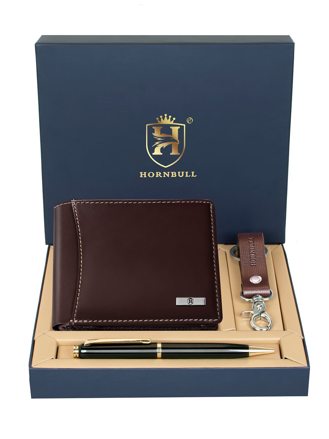 Hornbull Men Themes Brown Leather Wallet, Keyring & Pen Combo Accessory Gift Set