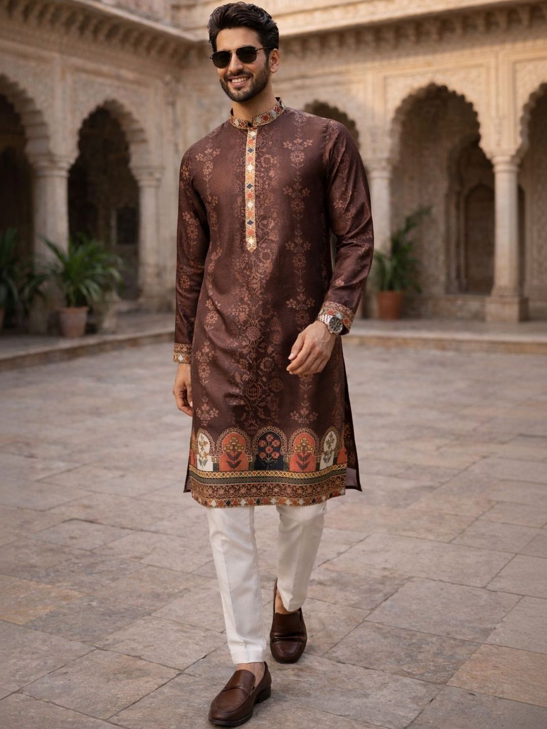 House of Pataudi Men Brown Ethnic Motif Printed Straight Kurtas