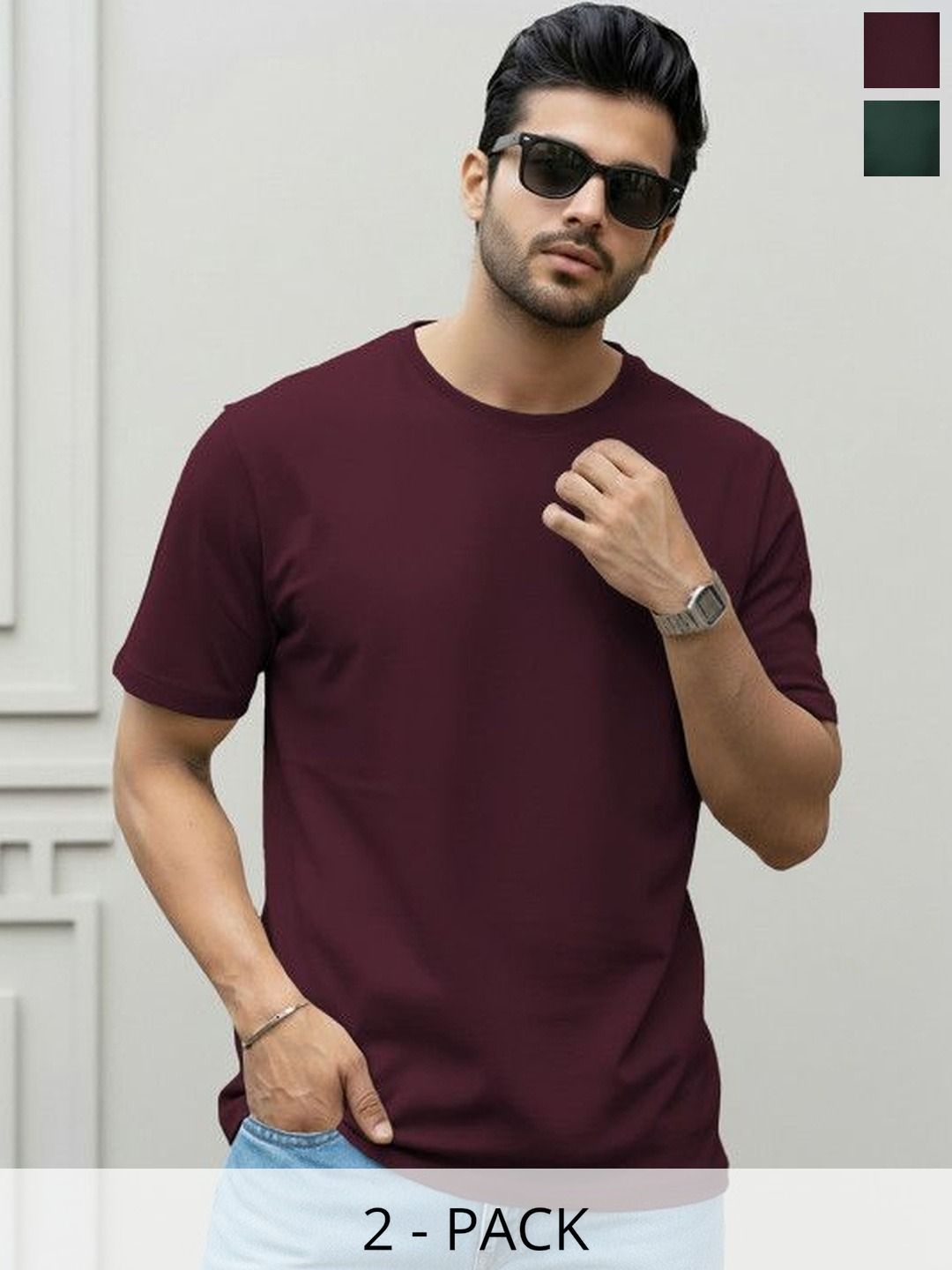 SZN Solid Men Round Neck Maroon Dark Green Tshirts