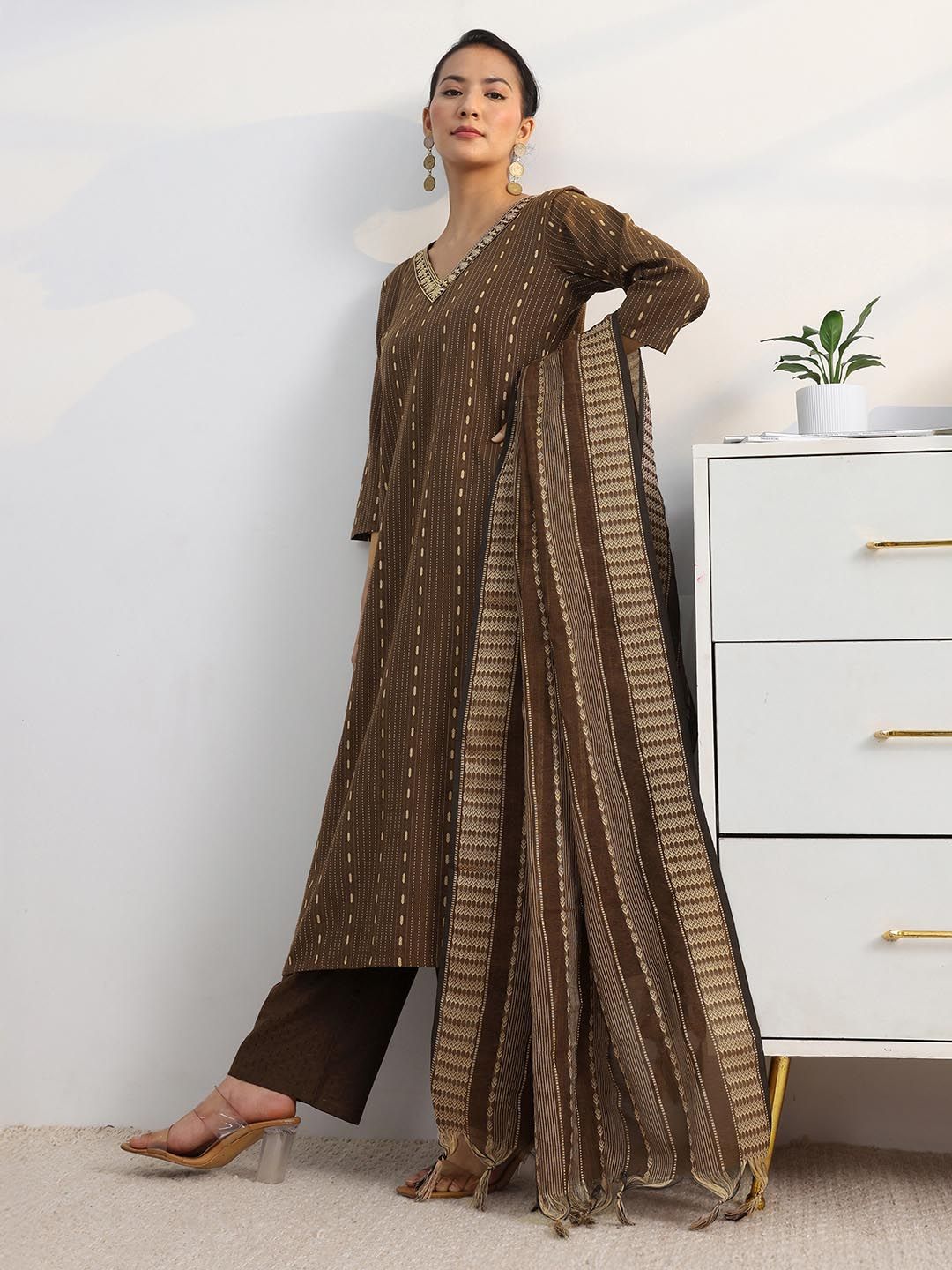 Gerua By Libas Libas Brown Woven Design Straight Suit Set With Dupatta