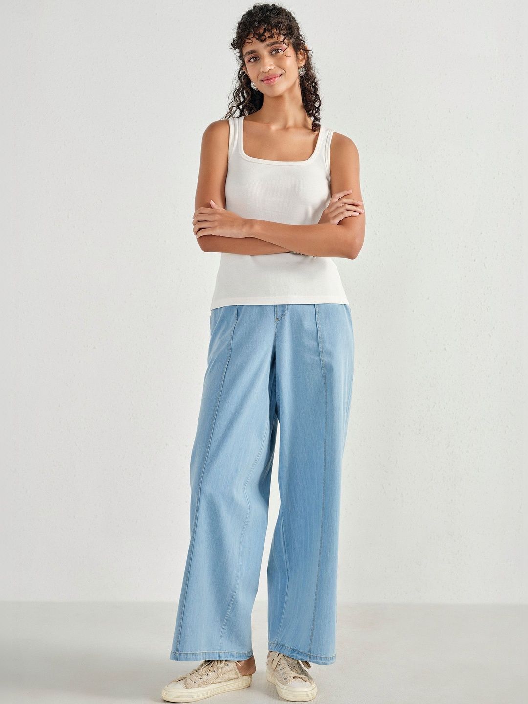 Global Desi Global Desi White Ribbed Sleeveless Tops