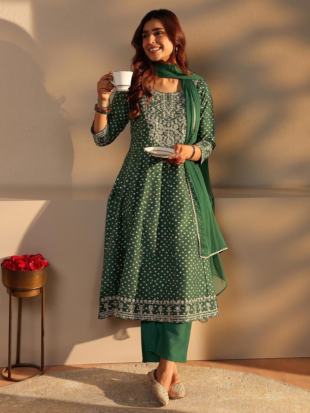 Libas Libas Women Ethnic Motifs Printed Regular Thread Work Kurta with Trousers & With Dupatta