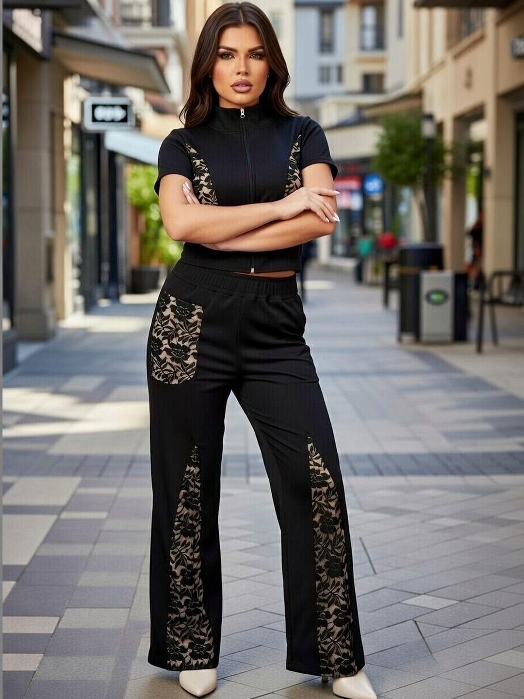 Zicada Short Sleeves High Neck Printed Top with Trousers