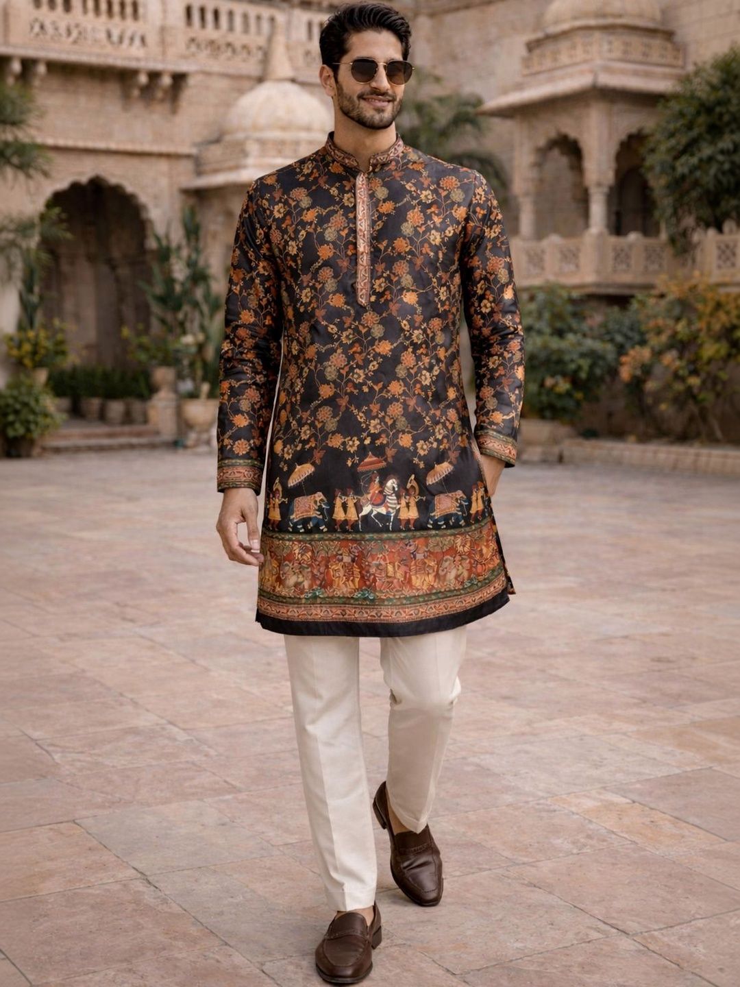 House of Pataudi Men Black Ethnic Floral Printed Straight Kurtas