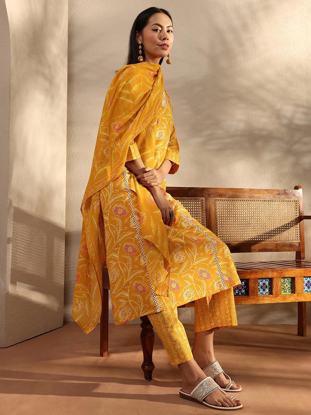 Gerua By Libas Libas Yellow Floral Printed Cotton A-Line Suit Set With Dupatta