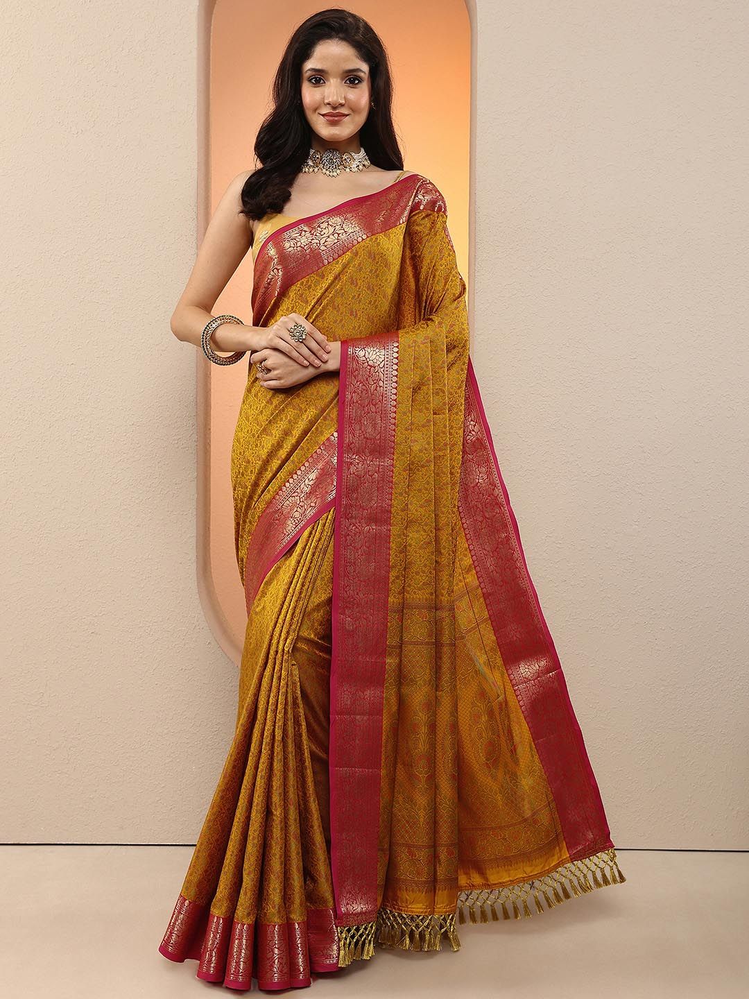 Libas Mustard Woven Design Saree With Unstitched Blouse Piece