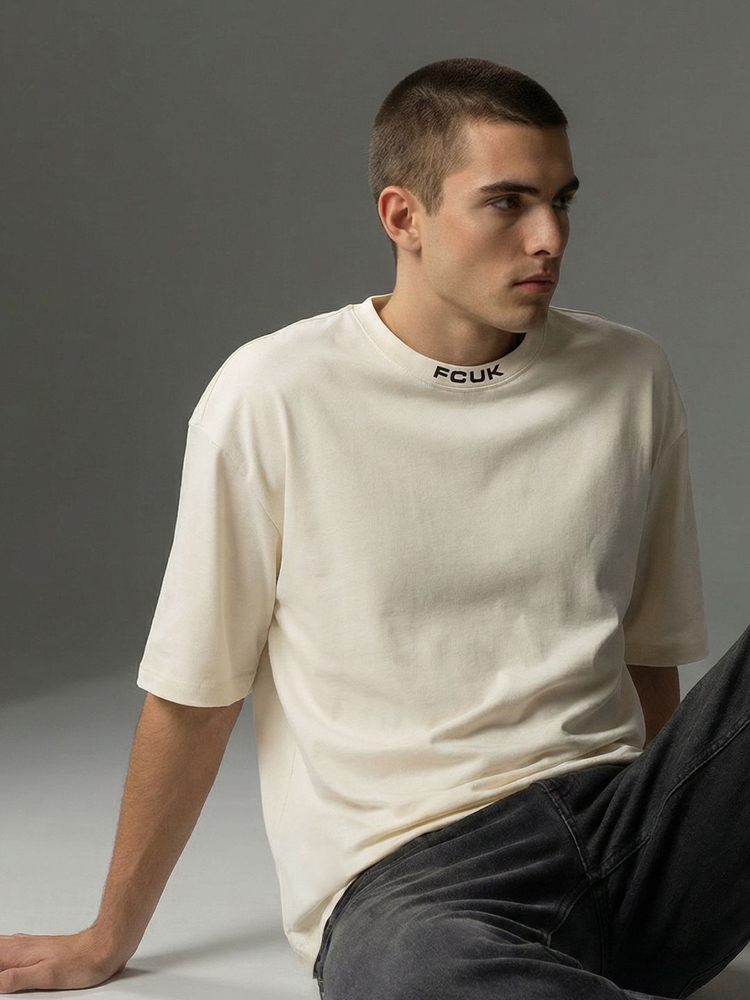 FCUK Drop-Shoulder Sleeves Relaxed Fit Pure Cotton T-shirt