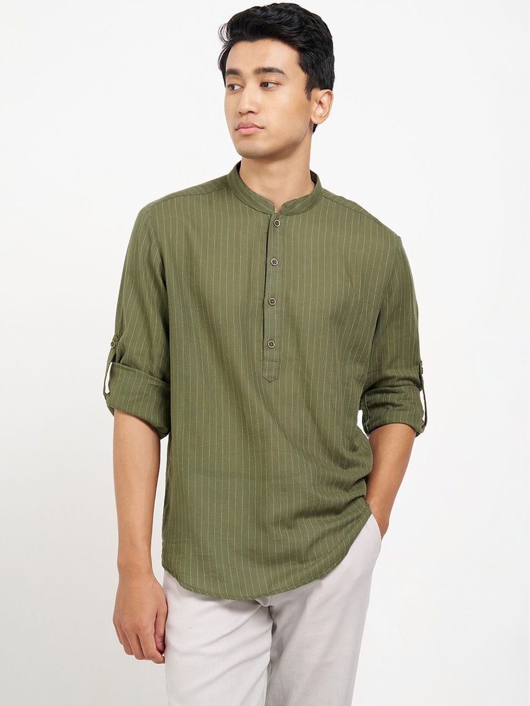 indus route by Pantaloons Men Striped Mandarin Collar Cotton Kurta