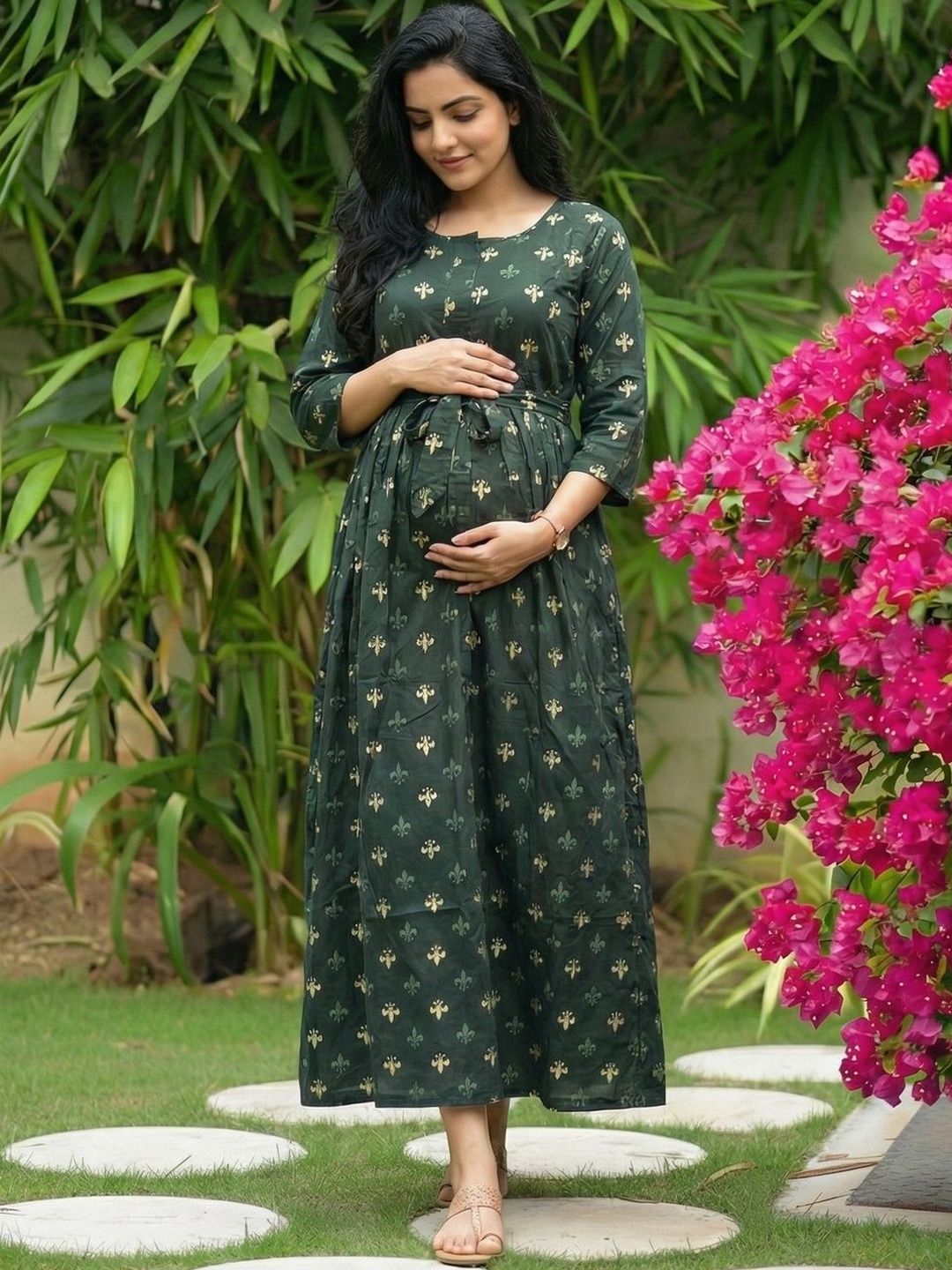 Asenne Floral Printed Soft Rayon Maternity Maxi Dress with Both Side Feeding Zip