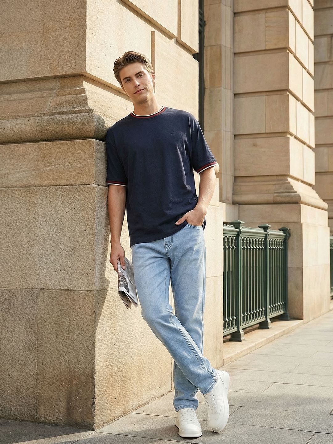 Nautica Drop-Shoulder Sleeves Pure Cotton Relaxed Fit T-shirt with Contrasting Edges