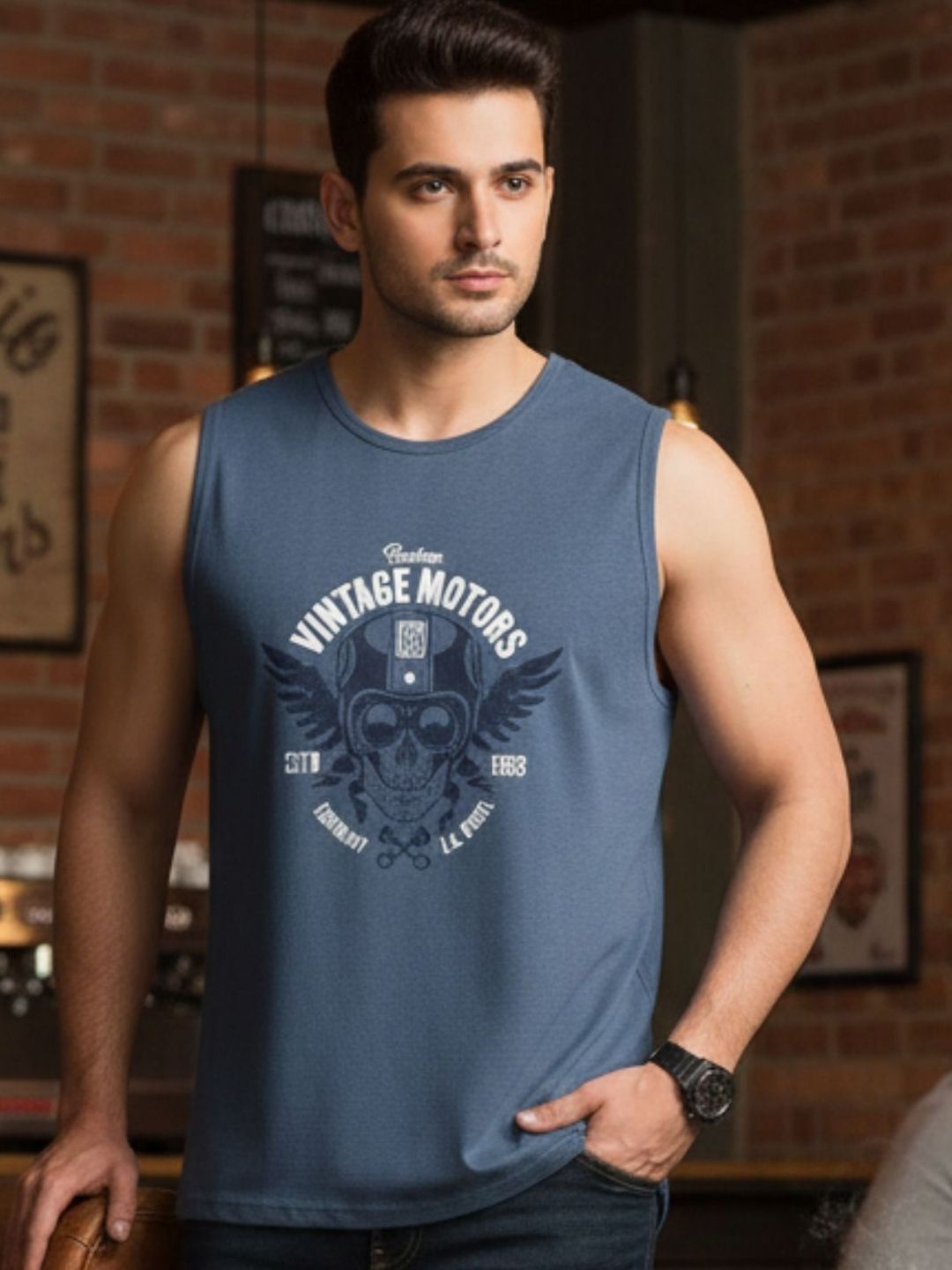 HERE&NOW Regular Fit Men Blue Sports Graphic Printed Cotton Sleeveless Drymove Tshirts