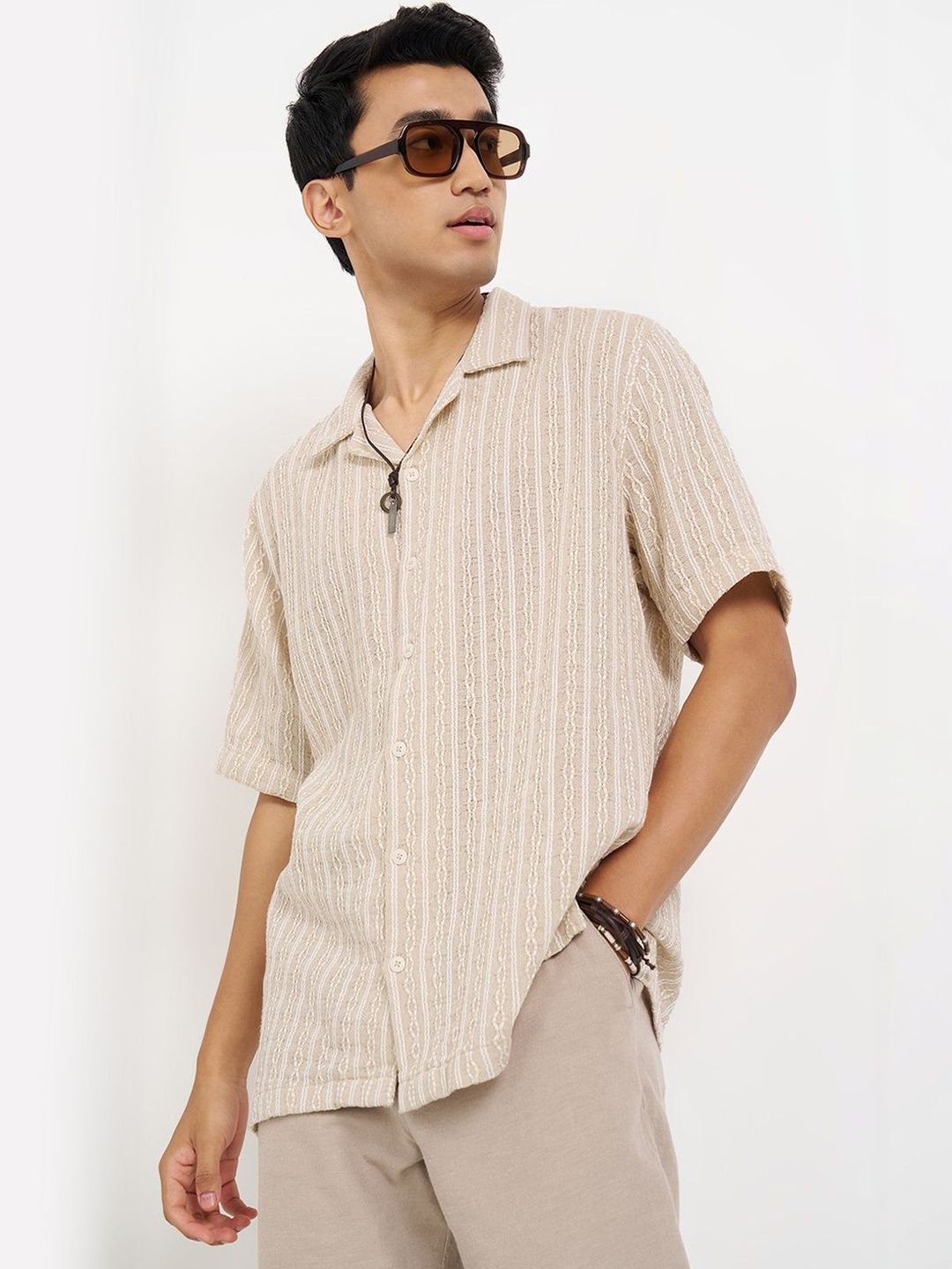 7 Alt by Pantaloons Beige Textured Relaxed Fit Resort Shirts