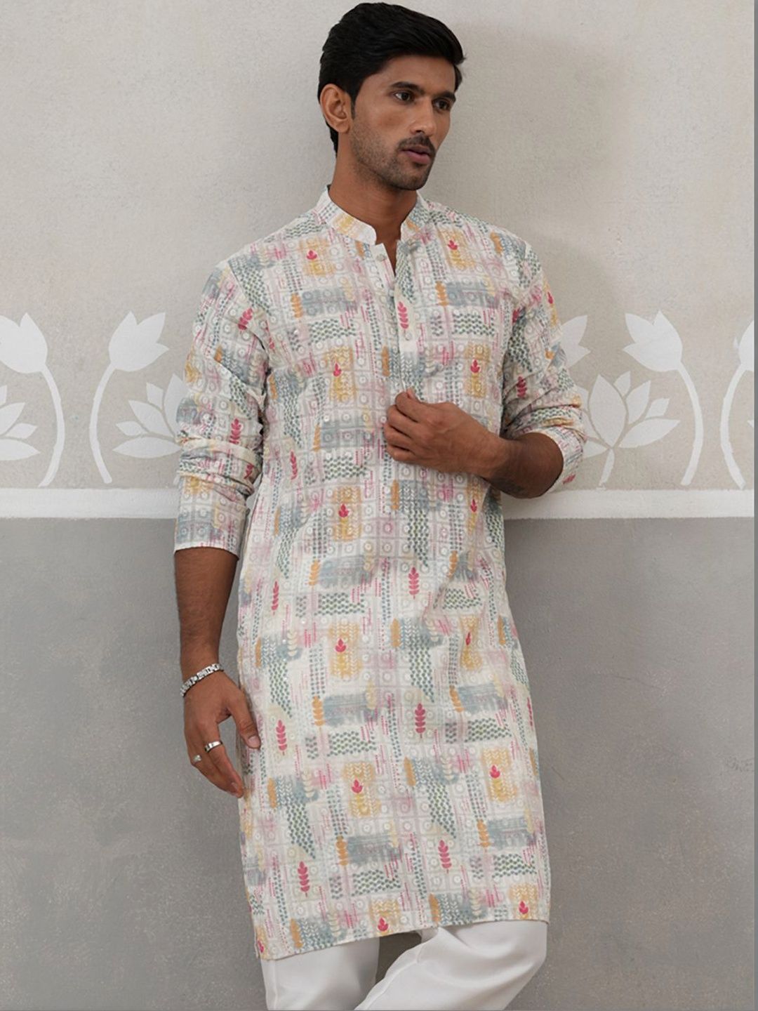 Jompers Jompers Men Geometric Printed Mandarin Collar Thread Work Straight Kurta