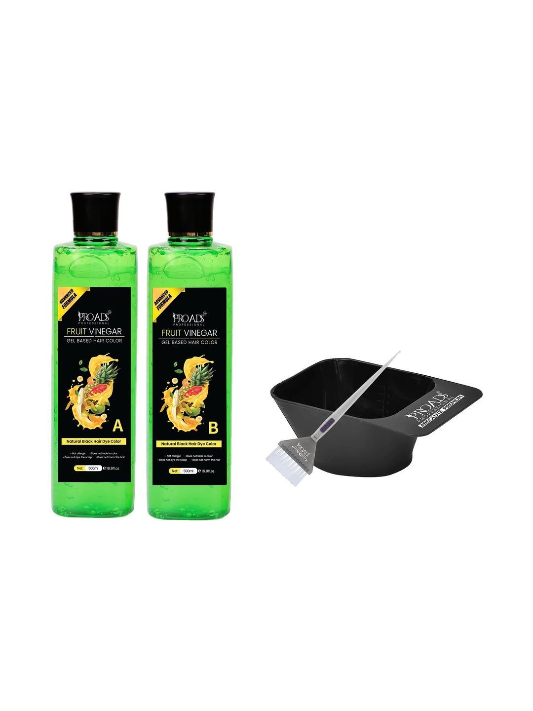 PRO ADS Set Of 4 Gel Based Hair Color- Black - 500 ml Each With Mixing Bowl & Brush