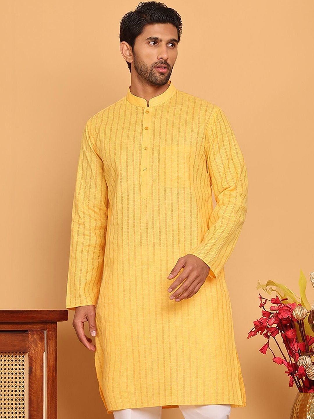 Jompers Men Striped Woven Design Mandarin Collar Straight Kurta