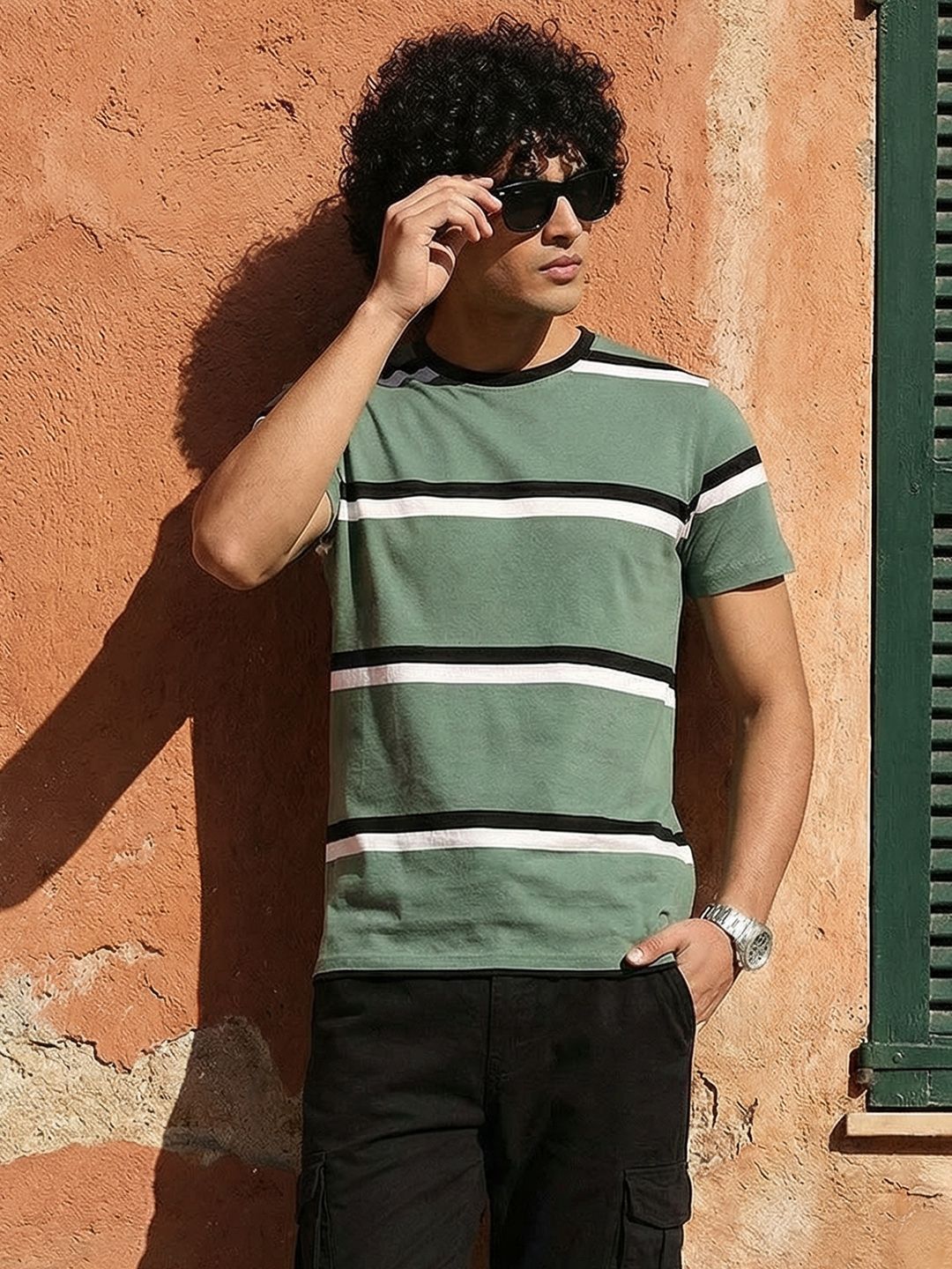 The Roadster Lifestyle Co Men Green  White Striped  Cotton T-shirt