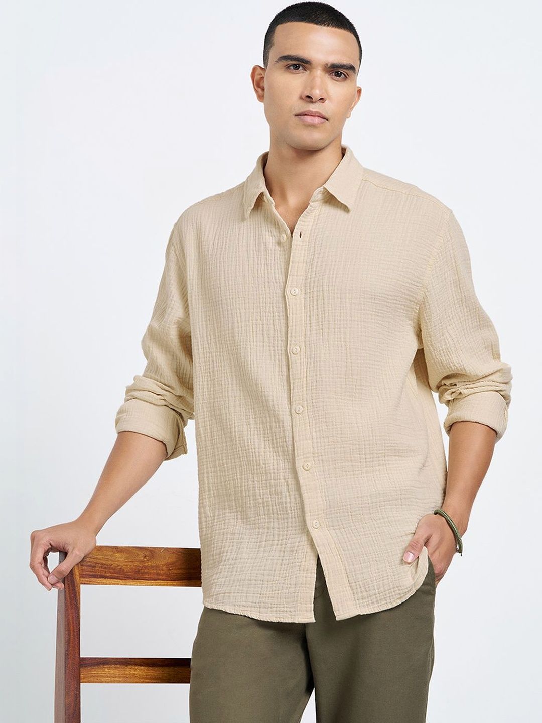 7 Alt by Pantaloons Beige Textured Relaxed Fit Shirts