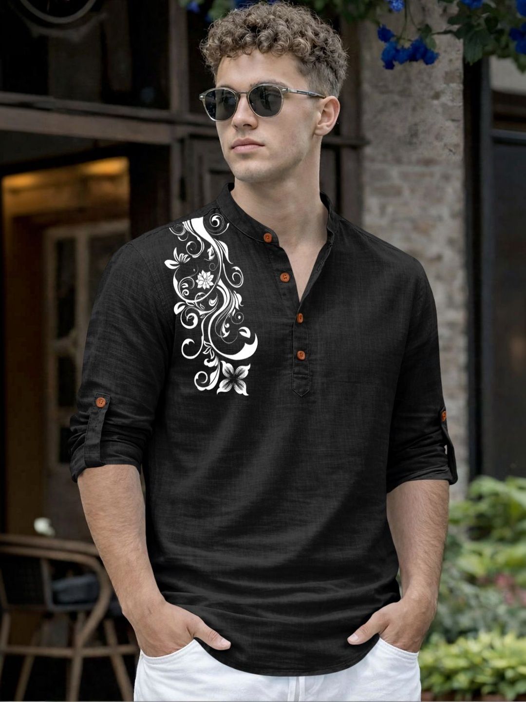 Fifth U Men Cotton Mandarin Collar Printed Kurta