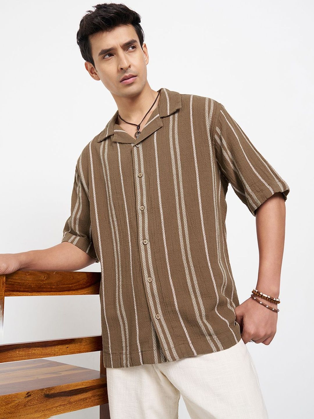 7 Alt by Pantaloons Brown Striped Relaxed Fit Resort Shirts