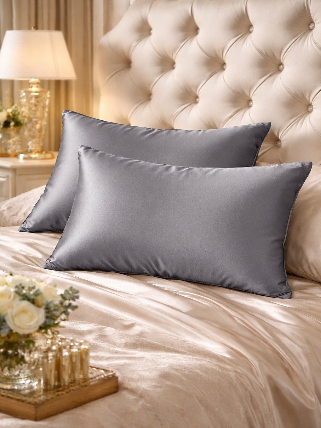 RRC RRC Grey 2 Pieces Solid Pure Silk Blend Rectangle Pillow Covers