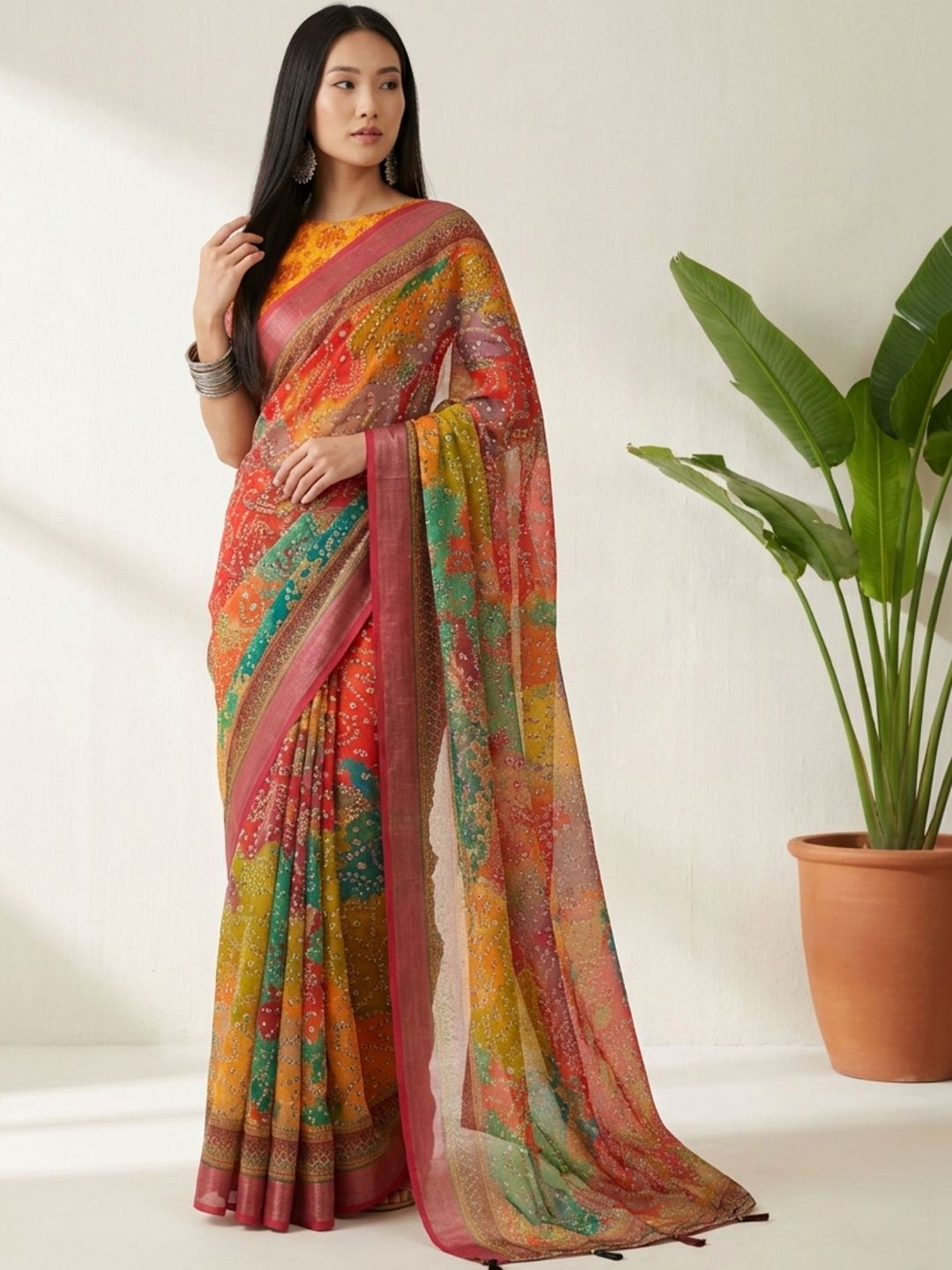 DIVASTRI Women Multicolor Linen Cotton Digital Printed Bandhani Sarees