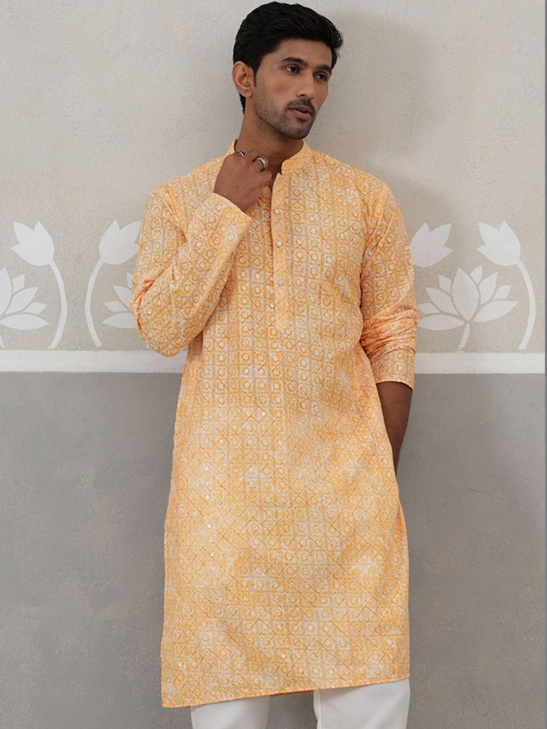 Jompers Men Geometric Embroidered Thread Work Mandarin Collar Straight Kurta