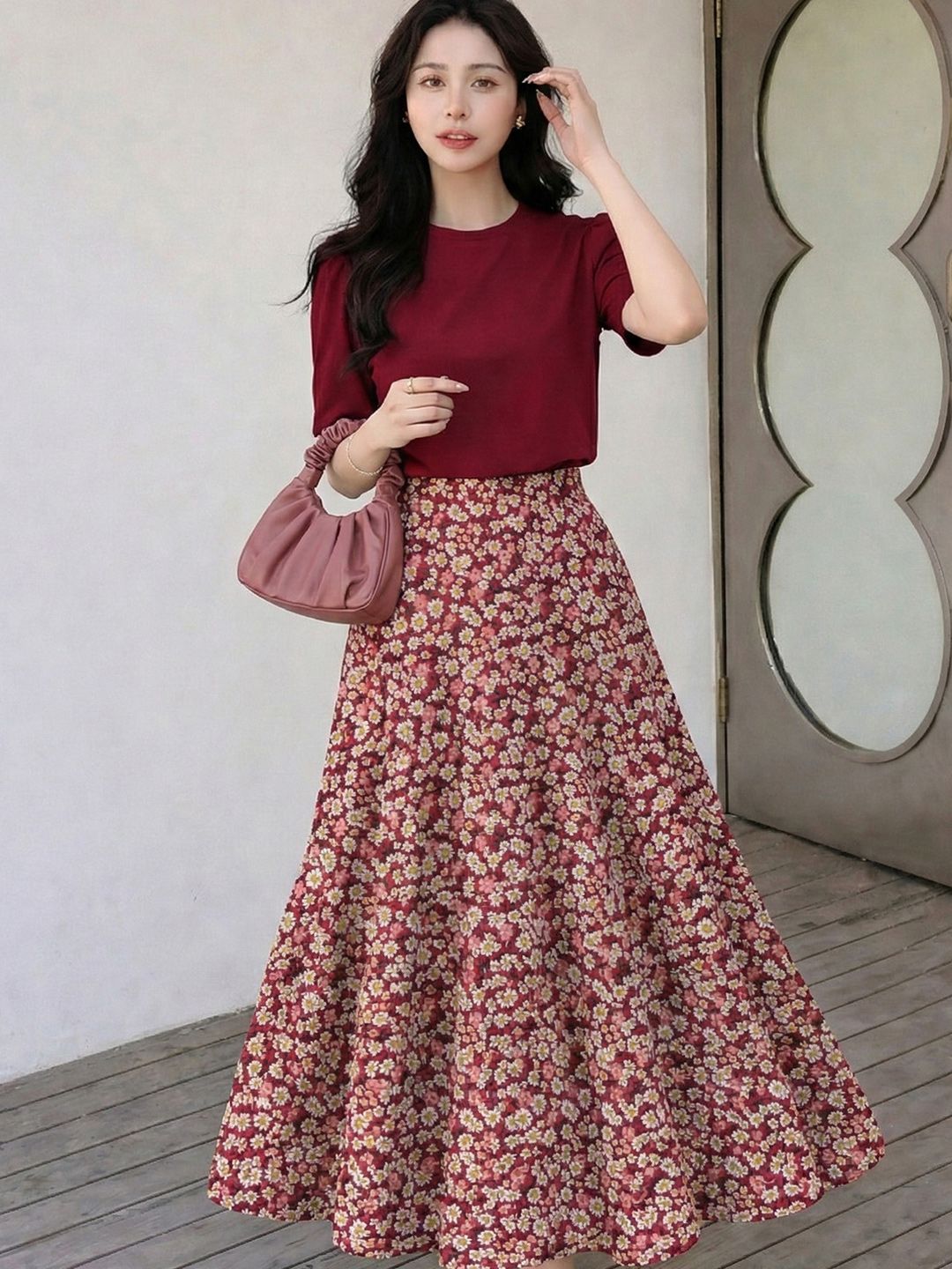 AmorLuxe Floral Printed Round Neck Puff Sleeve Top With Skirt