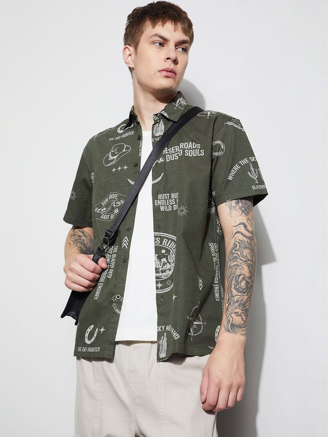 Forca by Lifestyle Men Olive Printed Cotton Regular Shirts