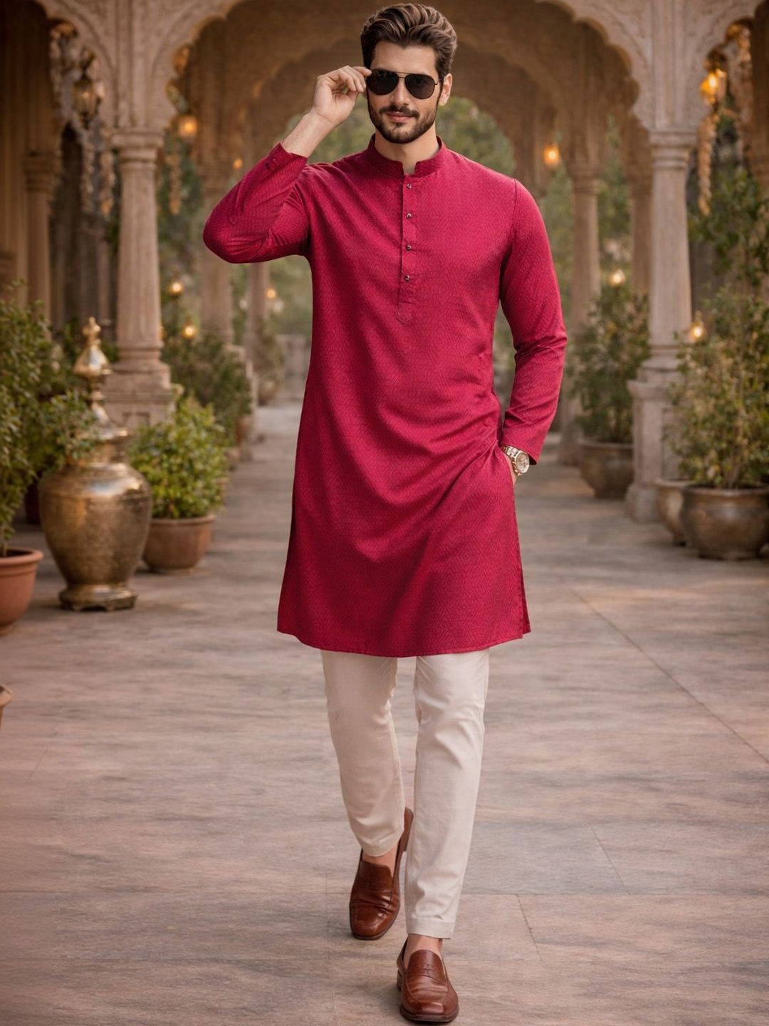 HERE&NOW Men Long Sleeves Mandarin Collar Solid Kurta