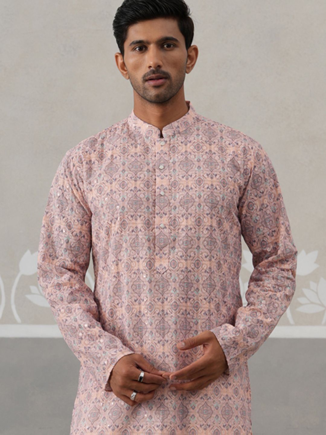 Jompers Men Geometric Embroidered Thread Work Mandarin Collar Straight Kurta
