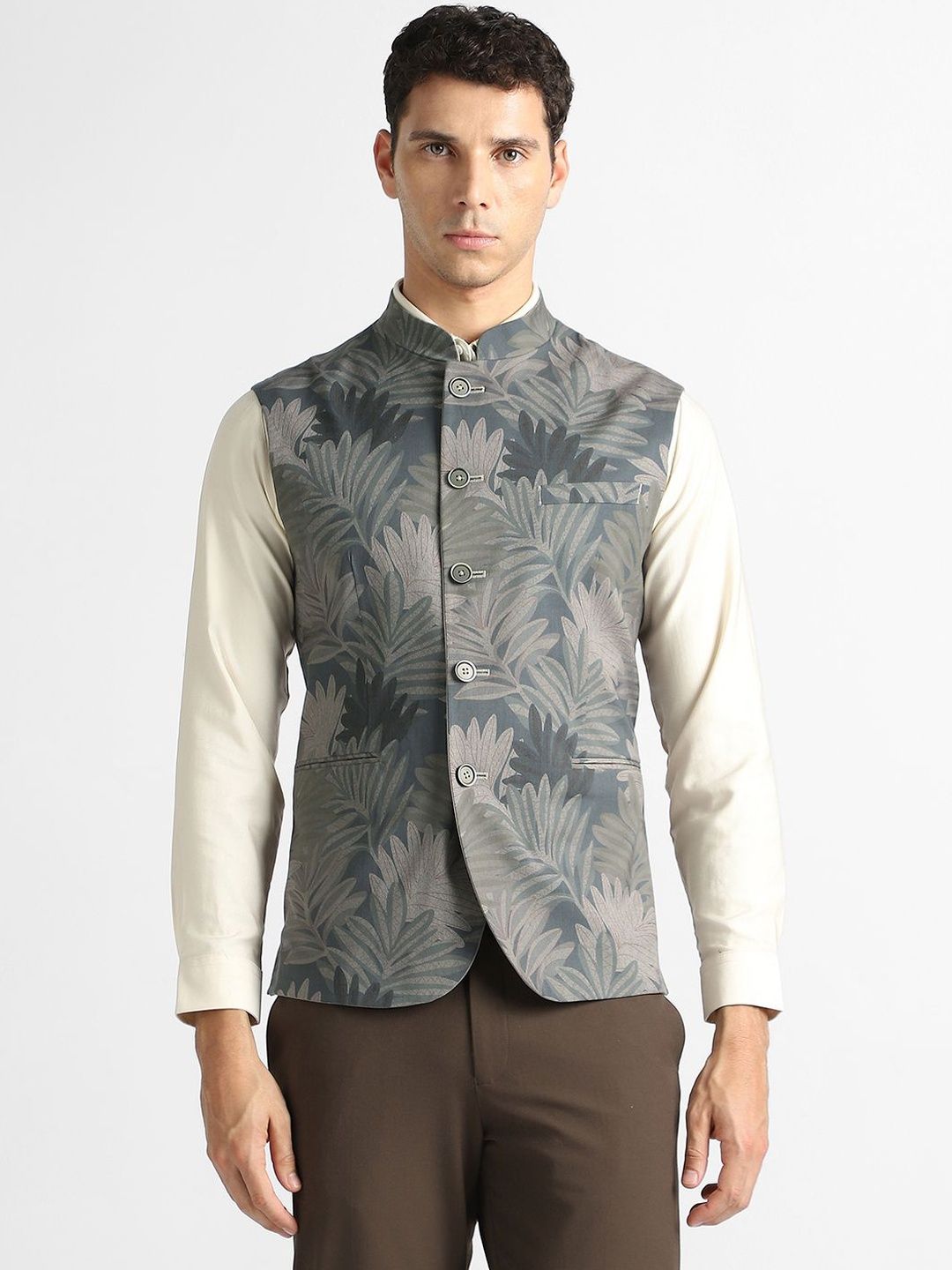 V Dot Printed Woven Nehru Jackets