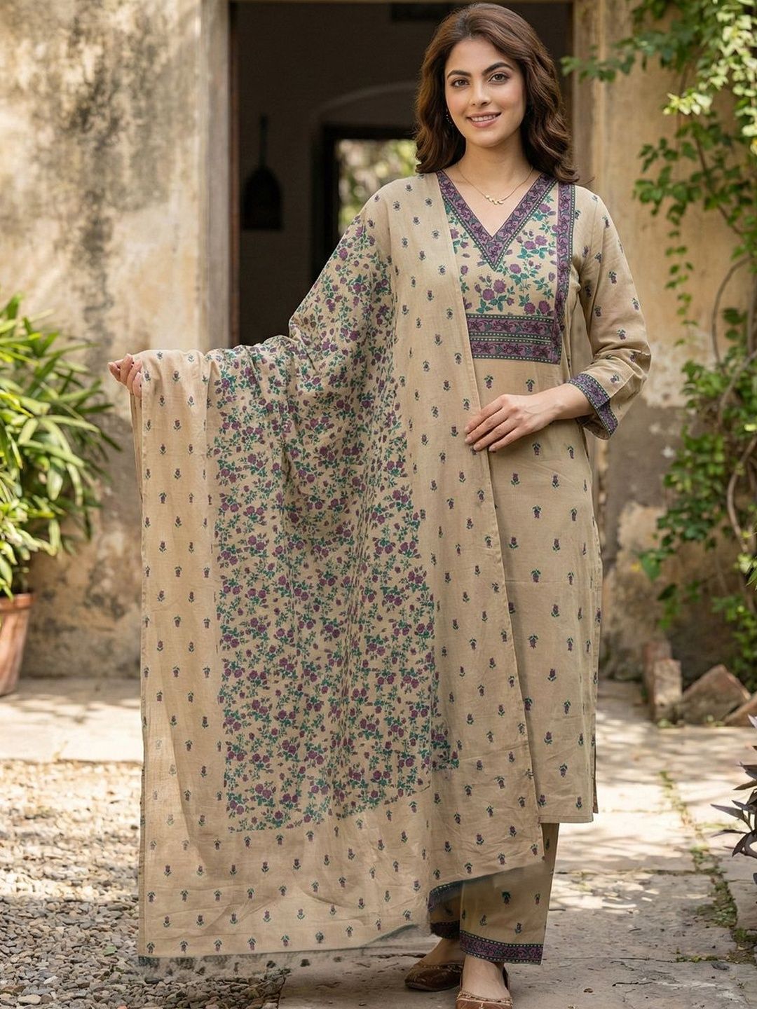 Anouk Women Floral Printed Regular Pure Cotton Kurta with Trousers & With Dupatta