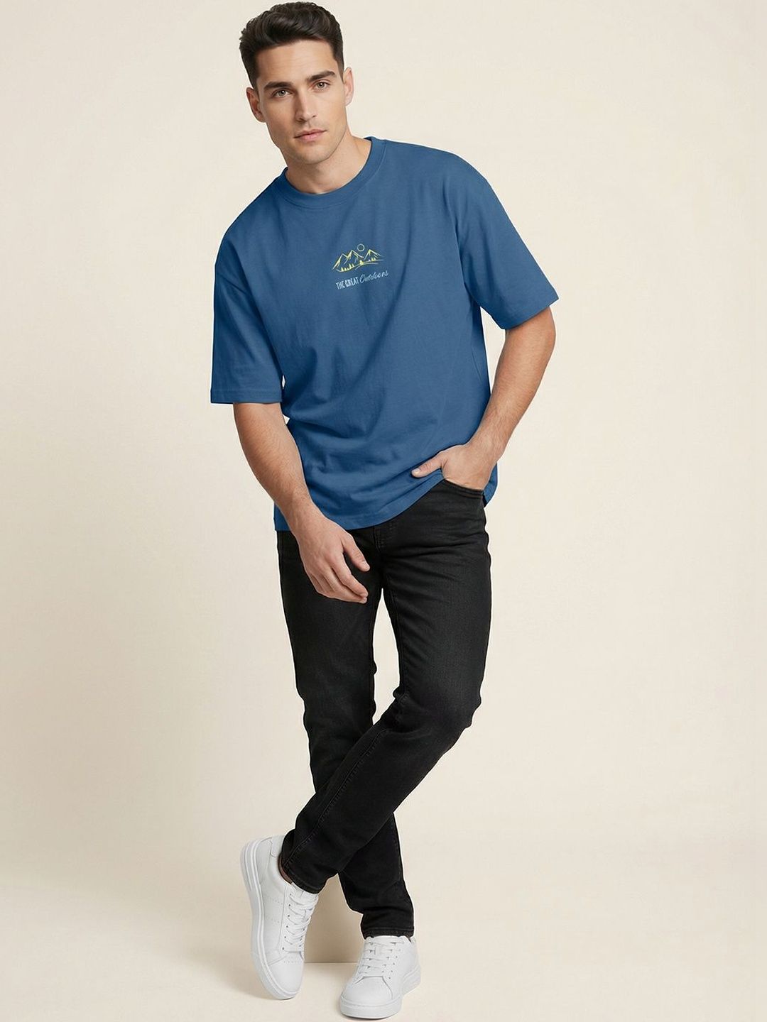 NOBERO Men Printed Drop-Shoulder Sleeves Pure Cotton T-shirt