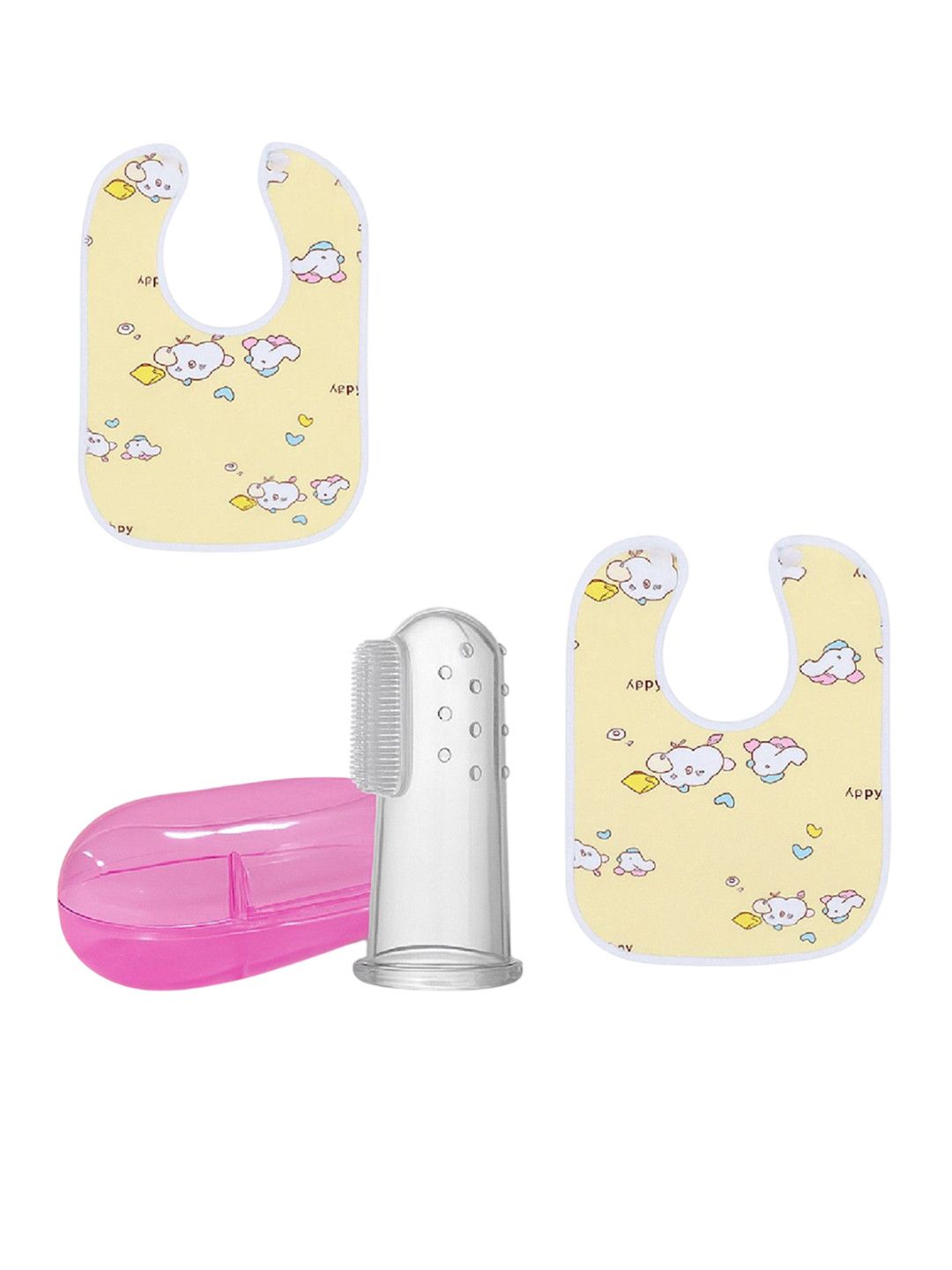 Kalra Magic Infant Kids Set Of 3 Printed Cotton Waterproof Bib and Finger Brush deal from myntra