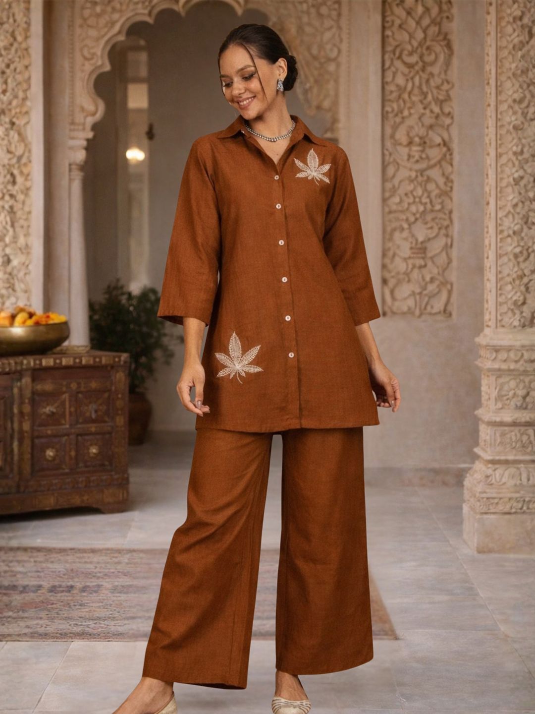 WineRed Romantic Florals Embroidered Shirt with Palazzos