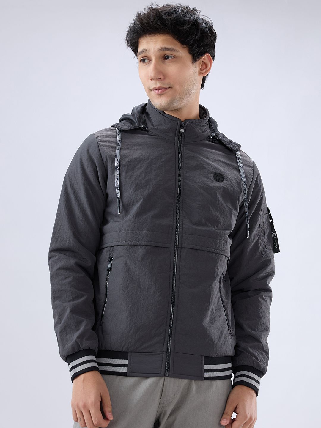 SPYKAR Men Solid Washed hooded Full Sleeve Regular Fit Padded Jacket
