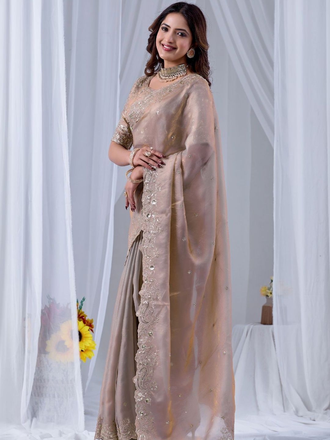 Kesudi Women Purple Zari Sequinned Embroidechiku Space Silk Unstitched Blouse Piece & Sarees