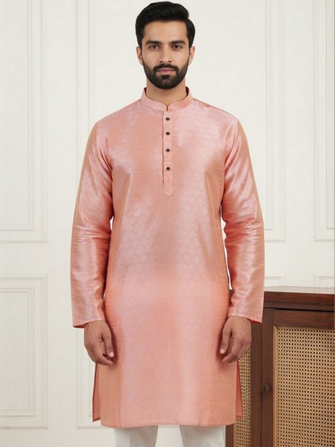 HERE&NOW Men Pink Woven Design Art Silk Kurta with Mandarin Collar