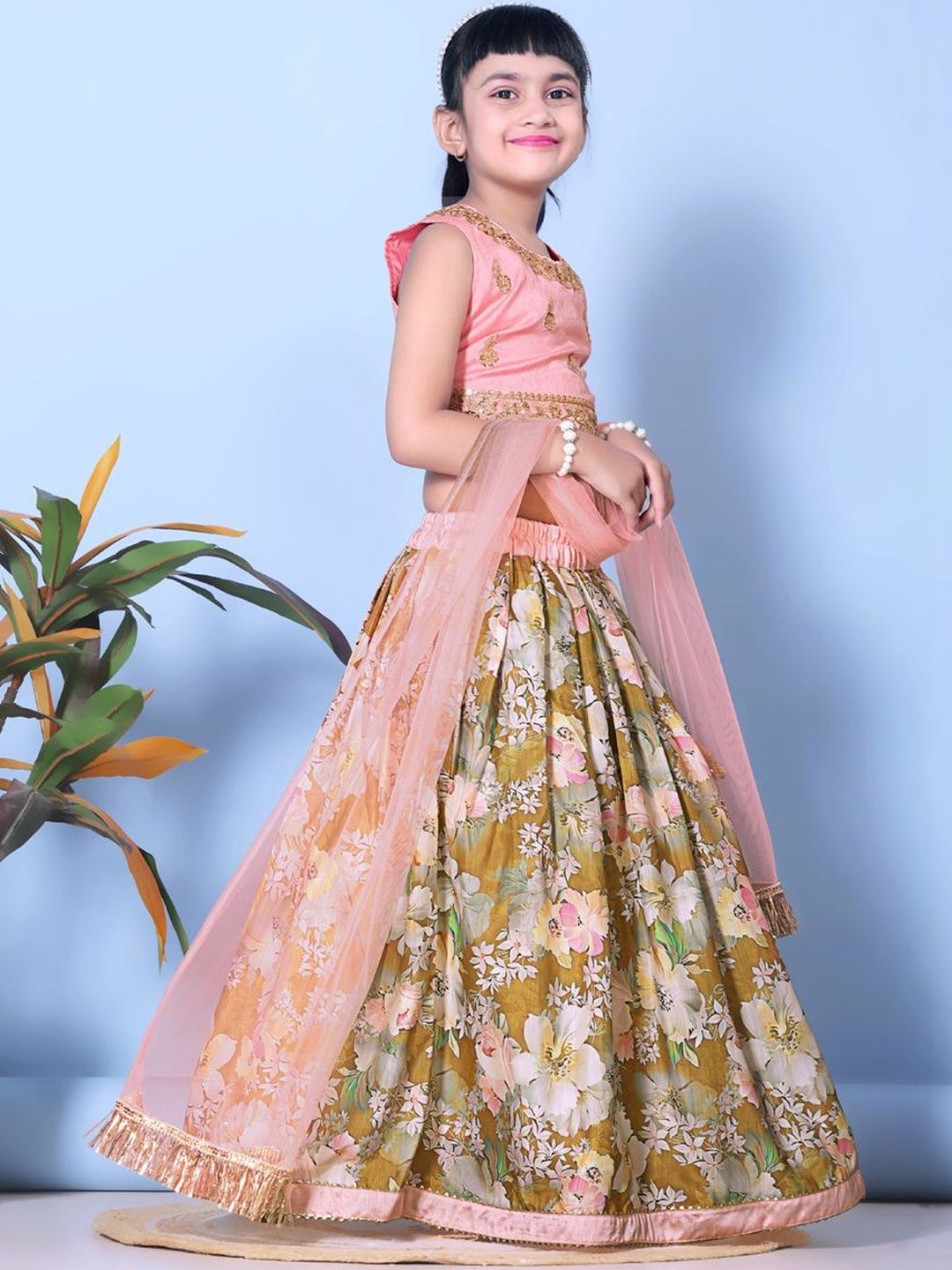 KALINI Girls Embroidered Block Print Ready to Wear Lehenga & Blouse With Dupatta
